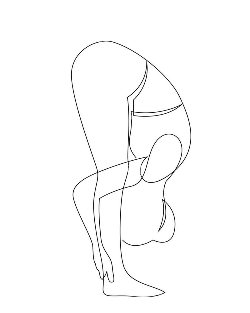 A line drawing of a standing forward fold